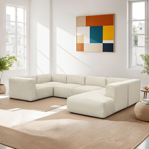 Canapé modulable panoramique 9 places ouvert à droite + pouf en velours côtelé beige - Modulo