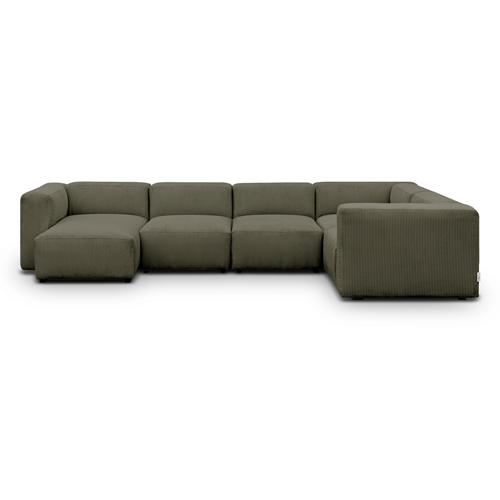 Canapé modulable panoramique 6 places avec méridienne à gauche + pouf en velours côtelé vert kaki - Modulo