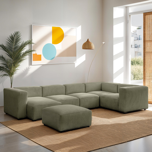 Canapé modulable panoramique 6 places avec méridienne à gauche + pouf en velours côtelé vert kaki - Modulo