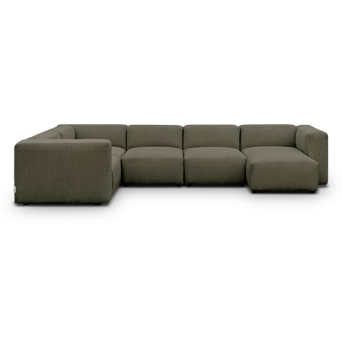 Canapé modulable panoramique 6 places avec méridienne à droite + pouf en velours côtelé vert kaki - Modulo