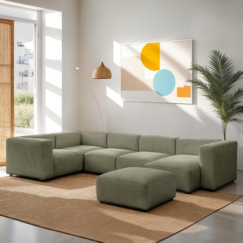Canapé modulable panoramique 6 places avec méridienne à droite + pouf en velours côtelé vert kaki - Modulo