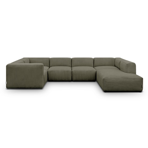 Canapé modulable panoramique 9 places ouvert à droite + pouf en velours côtelé vert kaki - Modulo