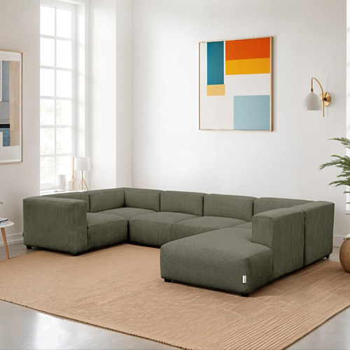 Canapé modulable panoramique 9 places ouvert à droite + pouf en velours côtelé vert kaki - Modulo