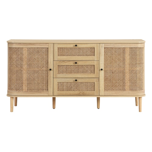 Buffet 2 portes 3 tiroirs couleur chêne et cannage 150 cm - Bali