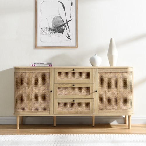 Buffet 2 portes 3 tiroirs couleur chêne et cannage 150 cm - Bali