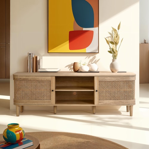 Meuble TV 2 portes couleur chêne et cannage 160 cm - Bali