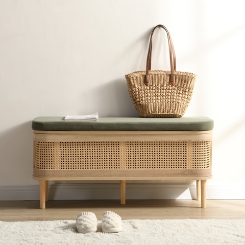 Banc d'entrée avec rangement chaussures en bois et cannage 105cm - Bali