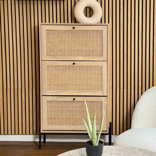 Meuble à chaussures 3 portes en cannage et effet chêne 70 cm - Iris
