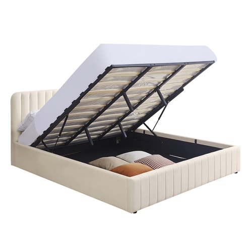 Lit coffre adulte 140x190 cm avec tête de lit capitonnée en velours beige - Ava