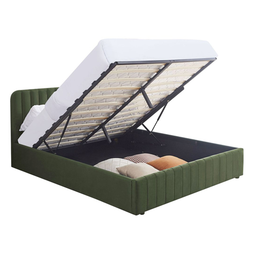 Lit coffre adulte 140x190 cm avec tête de lit capitonnée en velours vert kaki - Ava
