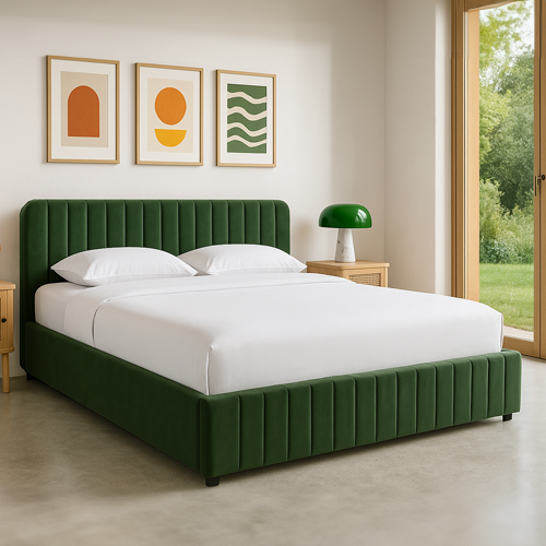 Lit coffre adulte 140x190 cm avec tête de lit capitonnée en velours vert kaki - Ava