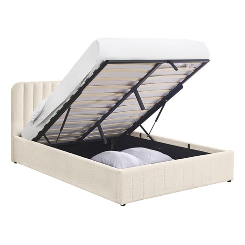 Lit coffre adulte 160x200 cm avec tête de lit capitonnée en tissu bouclé beige - Ava