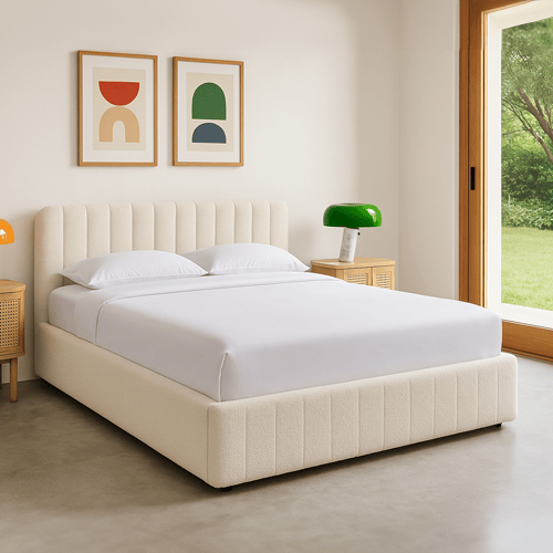 Lit coffre adulte 160x200 cm avec tête de lit capitonnée en tissu bouclé beige - Ava