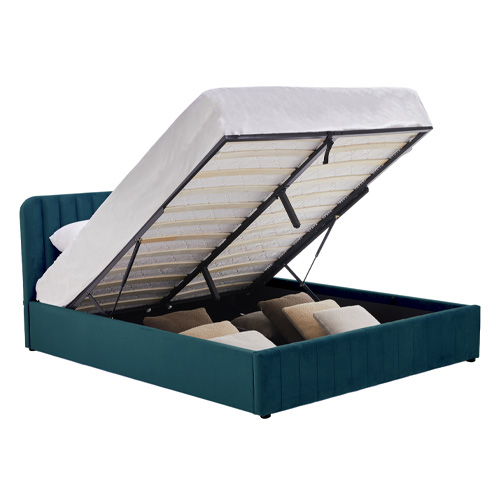 Lit coffre adulte 160x200 cm avec tête de lit capitonnée en velours bleu nuit - Ava