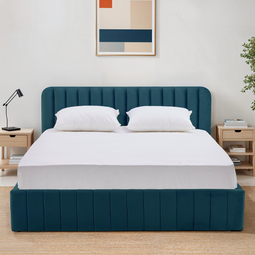 Lit coffre adulte 160x200 cm avec tête de lit capitonnée en velours bleu nuit - Ava