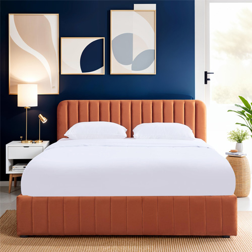 Lit coffre adulte 160x200 cm avec tête de lit capitonnée en velours terracotta - Ava