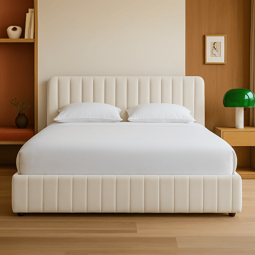 Lit coffre adulte 180x200 cm avec tête de lit capitonnée en velours beige - Ava