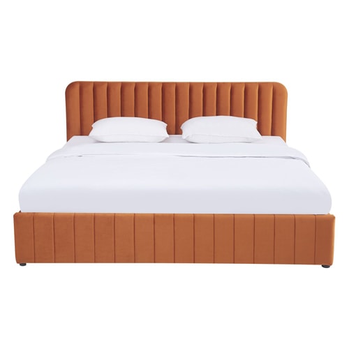 Lit coffre adulte 180x200 cm avec tête de lit capitonnée en velours terracotta - Ava
