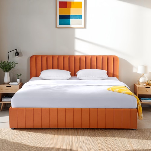 Lit coffre adulte 180x200 cm avec tête de lit capitonnée en velours terracotta - Ava