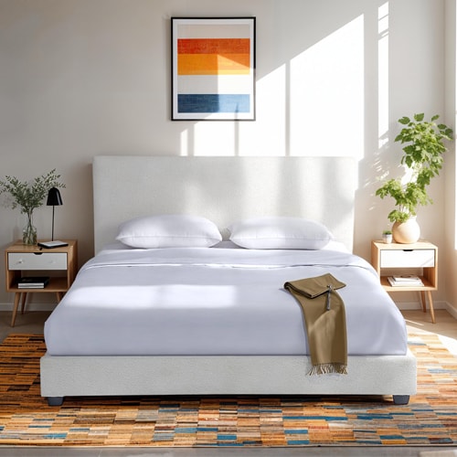 Lit adulte 140x190 cm avec tête de lit capitonnée en tissu bouclé beige - William