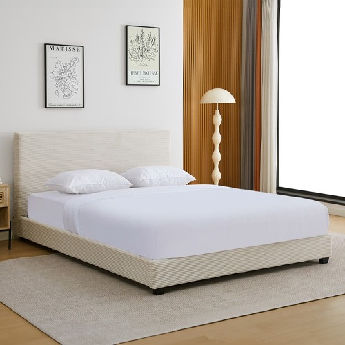 Lit adulte 140x190 cm avec tête de lit rembourrée en velours côtelé beige - William