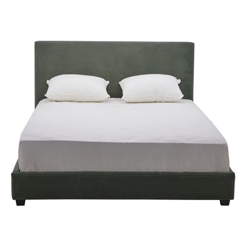 Lit adulte 140x190 cm avec tête de lit capitonnée en velours côtelé vert - William
