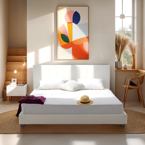 Lit adulte 180x200 cm avec tête de lit capitonnée en velours beige - William