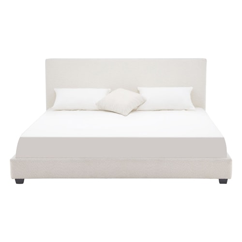 Lit adulte 180x200 cm avec tête de lit capitonnée en tissu bouclé beige - William