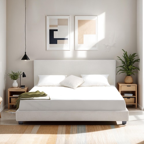 Lit adulte 180x200 cm avec tête de lit capitonnée en tissu bouclé beige - William