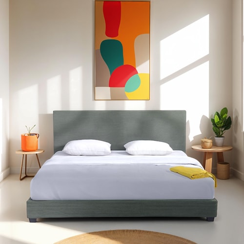 Lit adulte 180x200 cm avec tête de lit capitonnée en velours côtelé vert - William