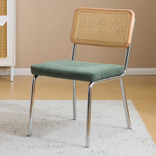 Lot de 2 chaises en acier chromé, cannage naturel et velours côtelé vert - Paula