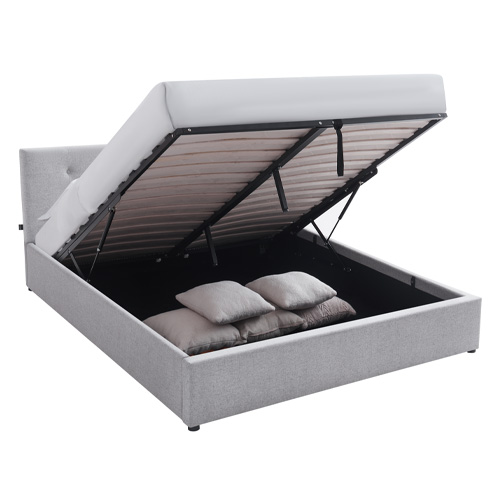 Lit coffre adulte 160x200 cm avec tête de lit capitonnée en tissu gris et sommier - Tina