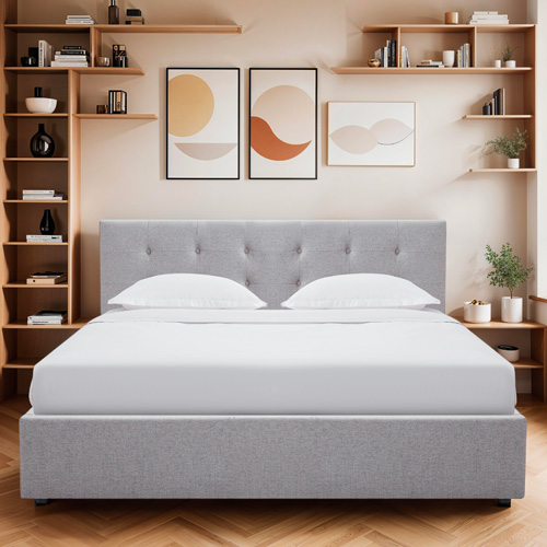 Lit coffre adulte 160x200 cm avec tête de lit capitonnée en tissu gris et sommier - Tina