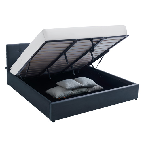 Lit coffre adulte 180x200 cm avec tête de lit capitonnée en velours gris foncé et sommier - Tina