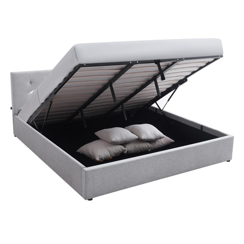 Lit coffre adulte 180x200 cm avec tête de lit capitonnée en tissu gris et sommier - Tina