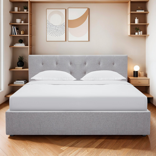 Lit coffre adulte 180x200 cm avec tête de lit capitonnée en tissu gris et sommier - Tina