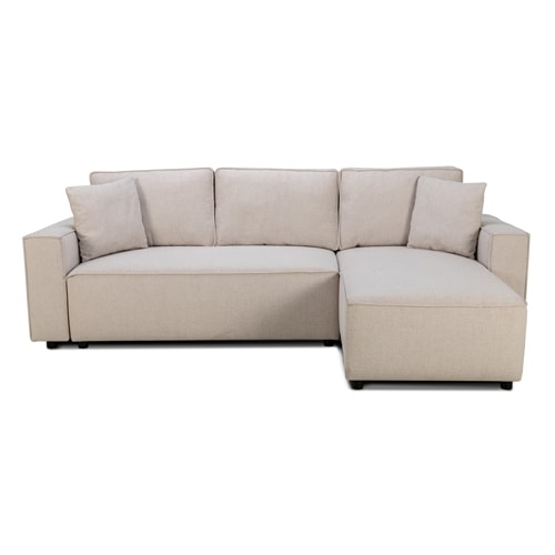 Canapé d'angle convertible réversible 4 places avec coffre de rangement en tissu beige - Thea