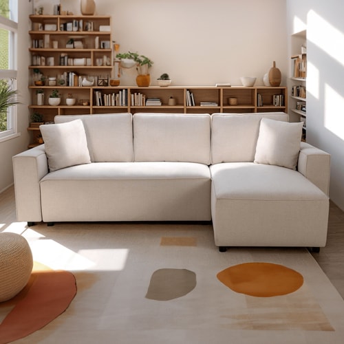 Canapé d'angle convertible réversible 4 places avec coffre de rangement en tissu beige - Thea