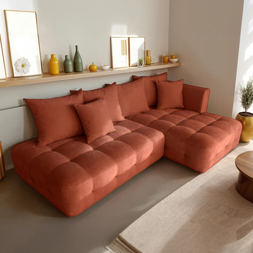 Canapé d'angle ouvert à droite convertible 3 places avec coffre de rangement en tissu chenille terracotta - Léo