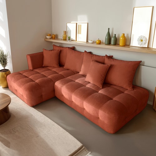 Canapé d'angle ouvert à gauche convertible 3 places avec coffre de rangement en tissu chenille terracotta - Léo