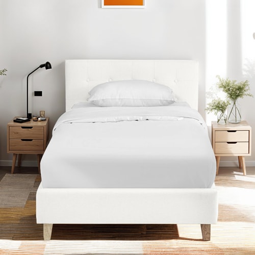 Lit adulte 90x190 cm avec tête de lit capitonnée en tissu beige - Milo