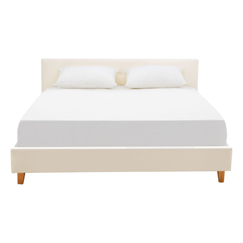Lit adulte 140x190 cm avec tête de lit capitonnée en velours beige - Milo