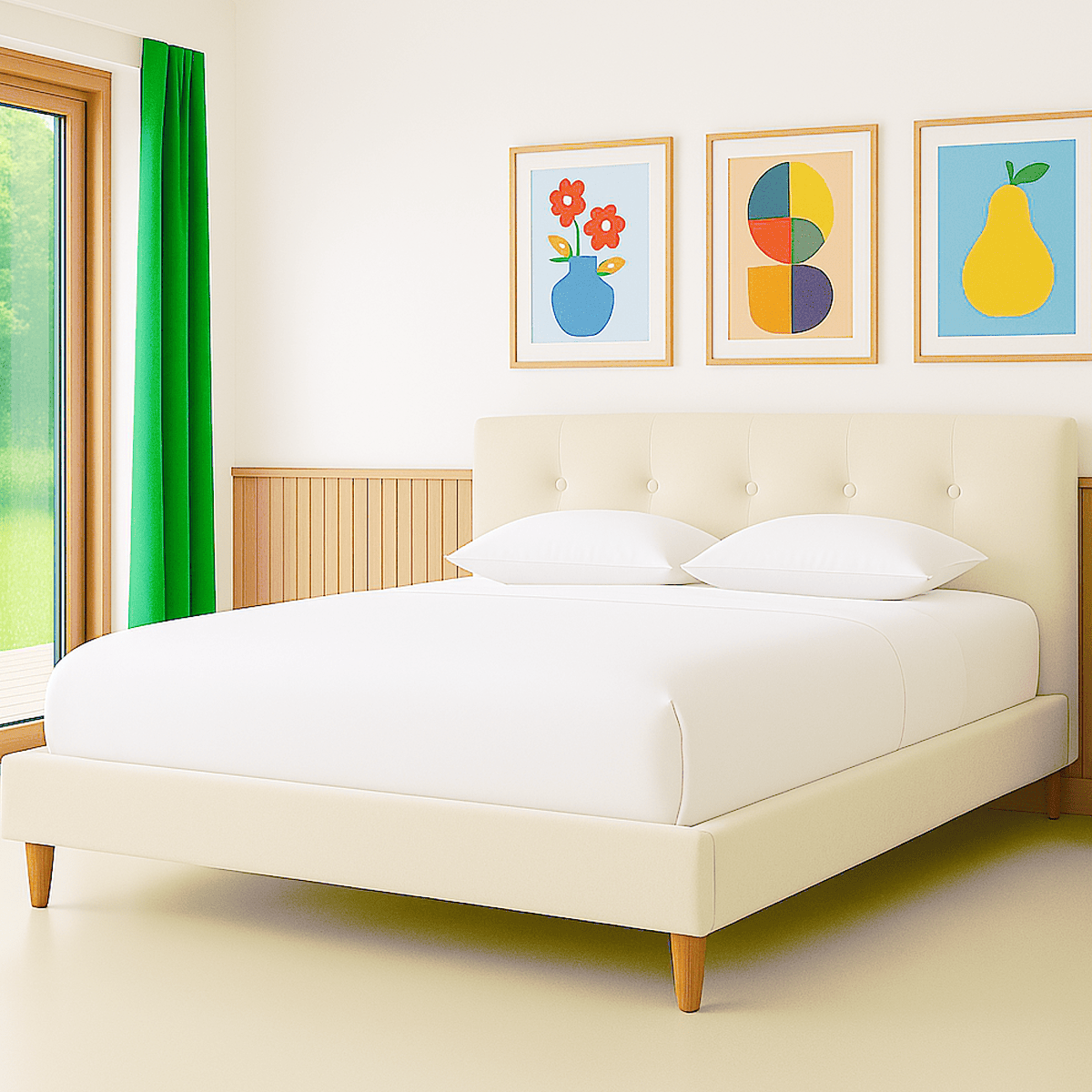 Lit adulte 140x190 cm avec tête de lit capitonnée en velours beige - Milo