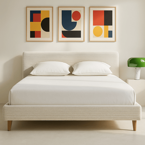 Lit adulte 160x200 cm avec tête de lit capitonnée en velours côtelé beige - Milo