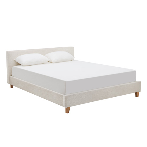 Lit adulte 160x200 cm avec tête de lit capitonnée en tissu bouclé beige - Milo