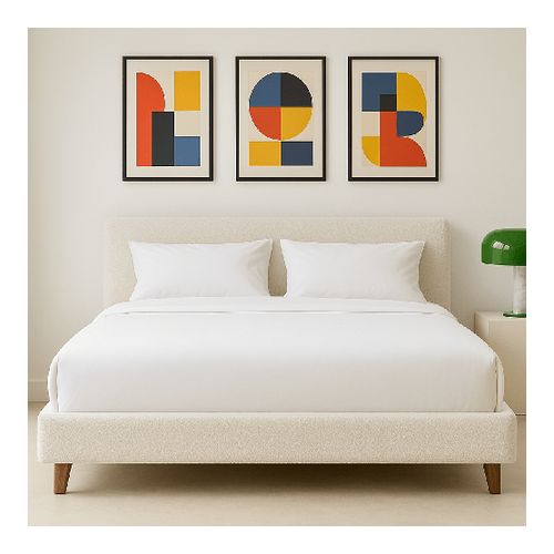 Lit adulte 160x200 cm avec tête de lit capitonnée en tissu bouclé beige - Milo