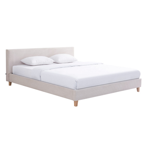 Lit adulte 180x200 cm avec tête de lit capitonnée en velours côtelé beige - Milo