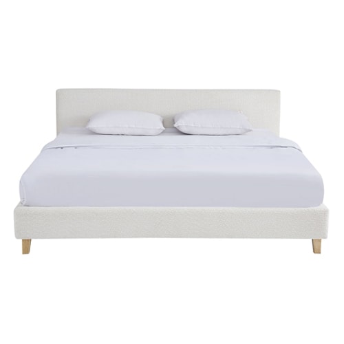 Lit adulte 180x200 cm avec tête de lit capitonnée en tissu bouclé beige - Milo