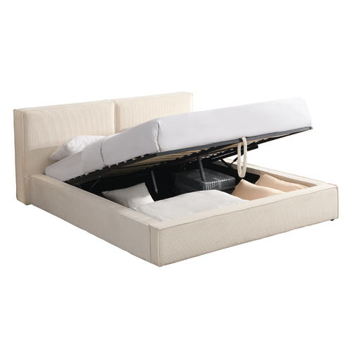 Lit coffre adulte 140x190 cm avec sommier et tête de lit matelassée en velours côtelé beige - Arno