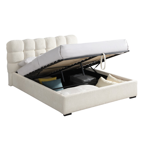 Lit coffre adulte 140x190 cm avec sommier et tête de lit capitonnée en tissu bouclé beige - Lola